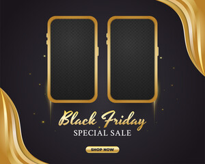 Black Friday promotion sale banner with black and gold concept and smartphone template