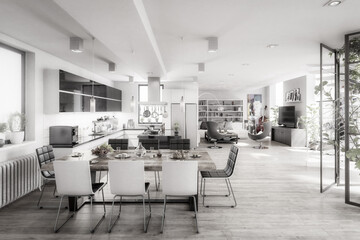 Luxury Residential Loft In Design - black and white 3d visualization