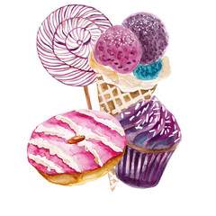 Set of donuts, cupcake, ice cream and popcakes isolated on white background. Watercolor hand drawn illustration.