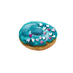 Delicious watercolor blue doughnut with 
heart-shaped sprinkles. Keep calm and eat donut.