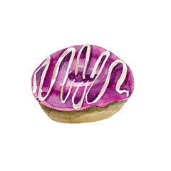 Watercolor colorful pink donut isolated on white background