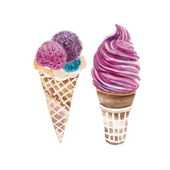 Watercolor drawing illustation ice cream.Purple and pink.Watercolor set of ice cream in a waffle cone. Hand drawn illustration on a white background.