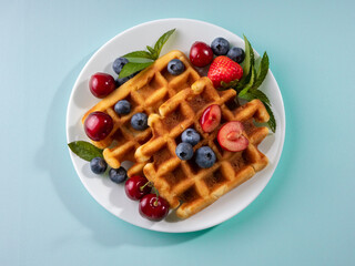 Vienna, or Belgian waffles sweet dessert with berries protein isolate.