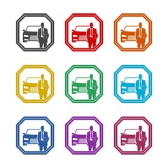 Businessman standing next to car icon, color set