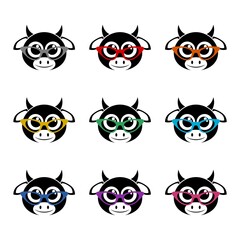 Cow wearing glasses icon, color set
