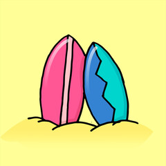 vector illustration of surfboard on sand. hand drawn vector. modern scribble for kids, sticker, clip art, summer vacation, holiday icon. simple sketch, drawn with pen. cartoon style. doodle holiday. 