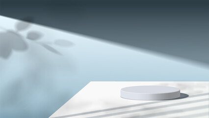 Abstract minimal scene with geometric forms. white podium in blue background with leaves. product presentation, mock up, show cosmetic product display, Podium, stage pedestal or platform. 3d vector