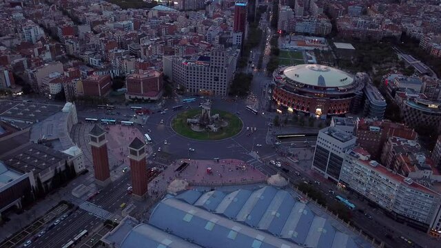 Aerial panormic view of Plaza de Espa&ntilde;a, Barcelona, Spain 2018