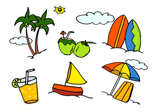 set of summer icons vector illustration isolated on white background. hand drawn vector. modern scribble for kids, wallpaper, holiday icon, summer, vacation, logo, sticker, clip art. doodle summer. 