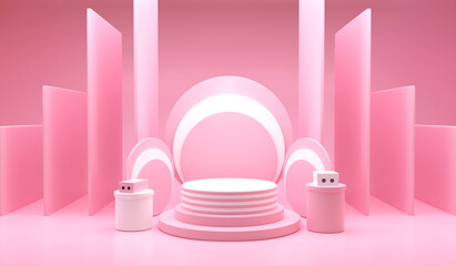 3D Rendering Illustration mockup scene of white rounded podium and gift box isolated on pink geometric wall background, can be used for product display, presentation, advertising, etc.