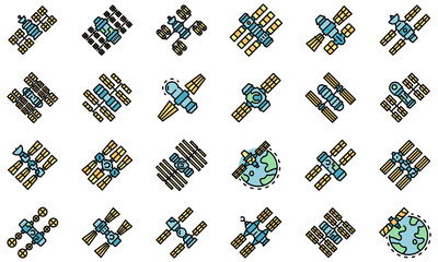 Space station icons set. Outline set of space station vector icons thin line color flat on white © ylivdesign