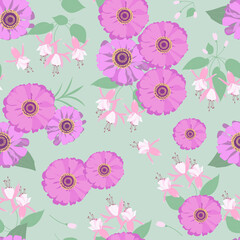 Seamless pattern with flowers of fuchsia and gerbera