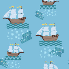 Seamless vector illustration with sea ships