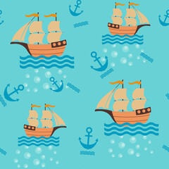 Naklejka premium Seamless childrens vector illustration with sea ships