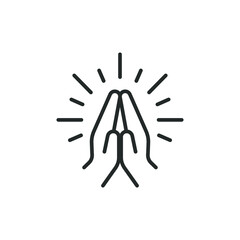 Faith, pray, religion icon, line style. Depicting two hands pressed together and fingers pointed up, folded hands is variously used as a gesture of prayer, thanks, request and greeting. Vector EPS 10