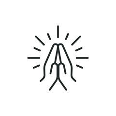 Faith, pray, religion icon, line style. Depicting two hands pressed together and fingers pointed up, folded hands is variously used as a gesture of prayer, thanks, request and greeting. Vector EPS 10
