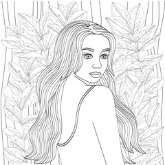 Fototapeta premium Beautiful girl with long hair surrounded by unusual twigs. Cute vector illustration for coloring pages. Black outline on a white background, sketch, line art.