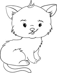 Vector kitten, cartoon cute happy white cat smiling. Character cat, line art, black and white drawing illustration for kids. Coloring Page for Children.Can be used for kids wear, card, nursery.