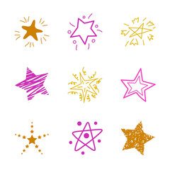 Hand-drawn stars. Doodle drawing stars, star icon isolated vector illustration set