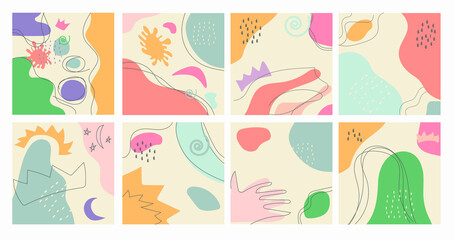 A set of eight abstract backgrounds.Pastel color. Doodle objects. Draw various shapes and Doodle objects. Modern fashion vector illustrations. Each background is isolated.