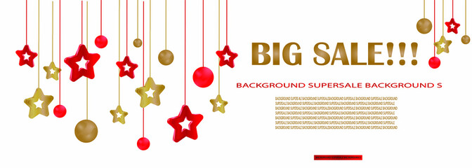 Big discount banner with hanging gold and red baubles on a white background. Vector illustration. Winter holiday geometric decorations
