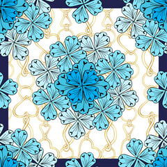 Pattern of blue flowers on the background of chains