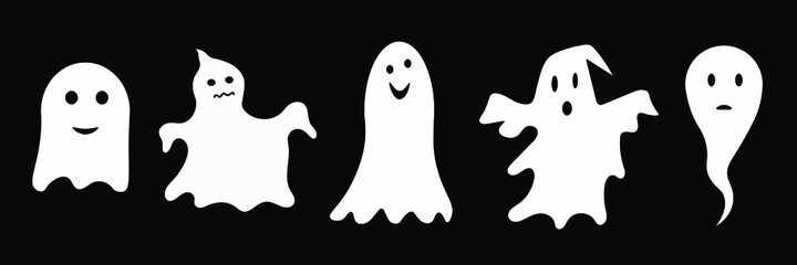 The Ghosts Of Halloween. Different white flying monsters, horror silhouettes for scary Halloween, flat vector isolated set of icons on a black background.