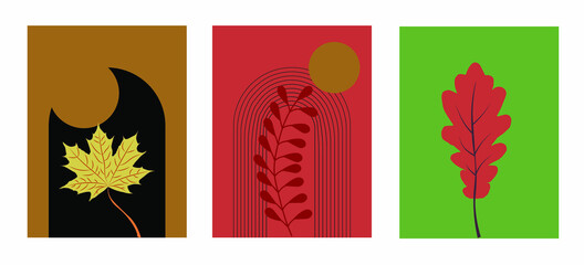 Panel of three autumn posters with leaves. Falling leaves, the window, the sun for wall decor. Vector graphics