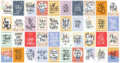 Big hand drawn calligraphic card set. Collection of flyers, brochures, templates. Design of scandinavian cards with lettering, patterns and ornaments.