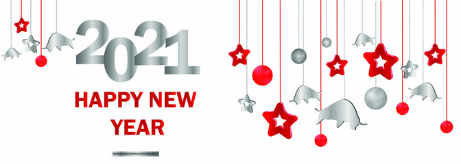 New year's banner. The year of the white silver bull. Horizontal Christmas poster, greeting card, headlines for the site. Vector illustration