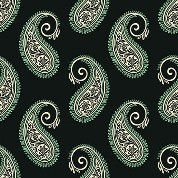 Seamless traditional Asian paisley pattern on dark background