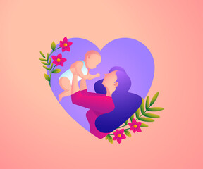 mother loves her baby with a heart and flower symbol