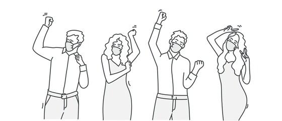People in protection masks are dancing. Social distancing concept. White background. Vector line.