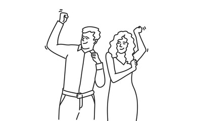 Business woman and man are dancing with raised arms. White background. Vector line.
