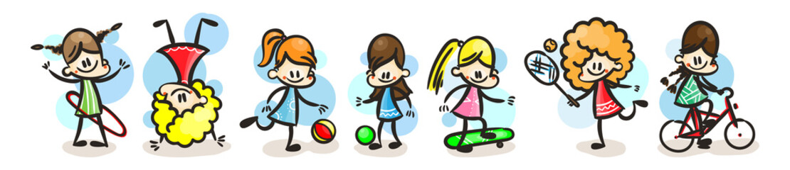 Collection of happy cartoon kids, colored hand drawn doodle outline style