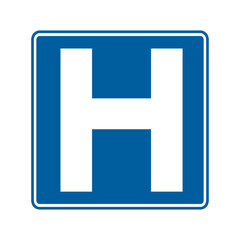 Fototapeta premium Hospital road sign. Vector illustration of blue square traffic sign with white letter H inside. Board with rounded corners isolated on white background. Medical, healthcare symbol.