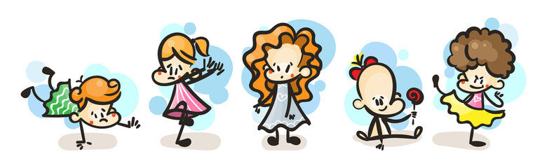 Collection of happy cartoon kids, colored hand drawn doodle outline style