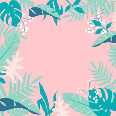 Fototapeta na wymiar Tropical jungle leaves frame on pink background