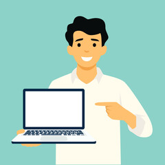 Businessman holding laptop notebook and showing the thumb up. Full length portrait of businessman in a flat style. Vector illustration.