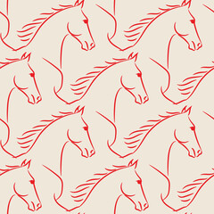Seamless pattern horses lineart. Running horse, flutter mane. Realistic hand drawn doodle vector illustration.