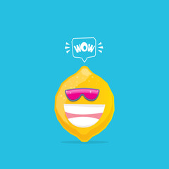 vector funny cartoon lemon character with sunglasses isolated on blue background. funky smiling summer fruit character