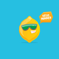 vector funny cartoon lemon character with sunglasses isolated on blue background. funky smiling summer fruit character