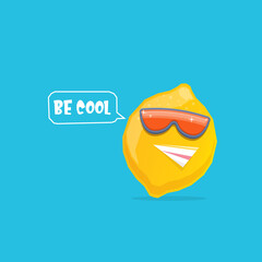 vector funny cartoon lemon character with sunglasses isolated on blue background. funky smiling summer fruit character