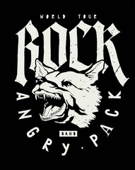 Angry barking dog rock music t-shirt print. Angry pack rock band world tour.