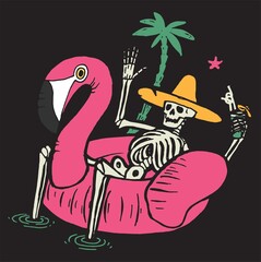 Skeleton in pool flamingo having drink. Tropical vacation character relaxing. Funny t-shirt print. - obrazy, fototapety, plakaty