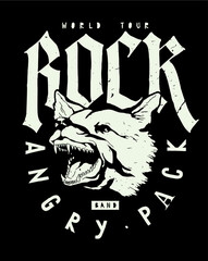 Angry barking dog rock music t-shirt print. Angry pack rock band world tour.