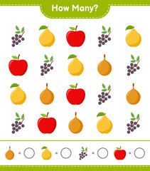 Counting game, how many fruits educational children game, printable worksheet, vector illustration