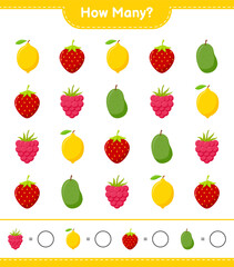 Counting game, how many fruits educational children game, printable worksheet, vector illustration