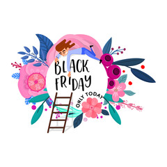 Black friday, floral banner, with character.
