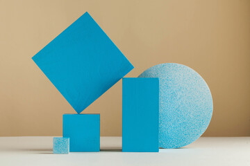 Geometric blue shapes. Abstract shapes. Empty podiums for your product. Minimalism. Copy space.
